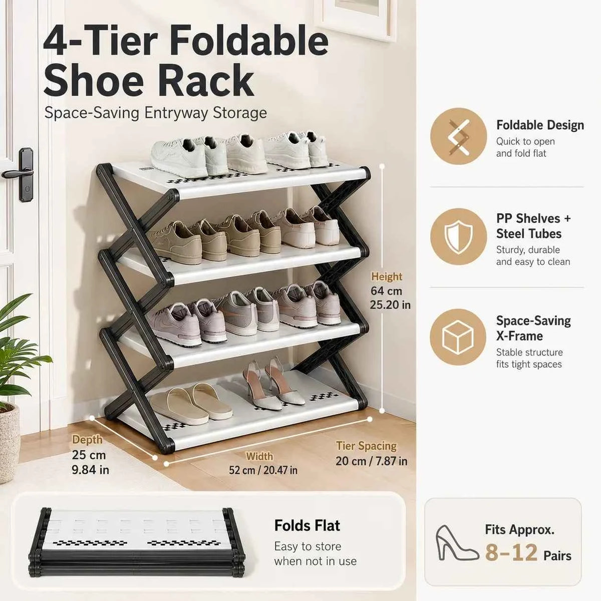 Foldable Shoe Rack, Space-Saving Entryway Shoe Organizer with Stable X-Frame, PP Shelves & Steel Tubes, No Assembly Needed