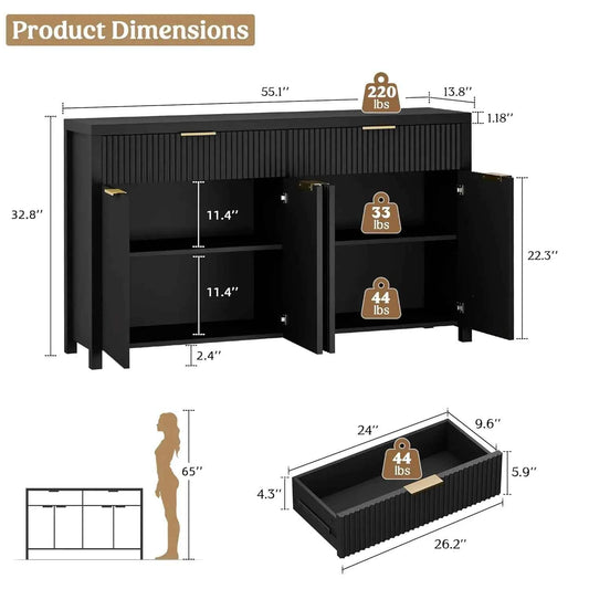 55" Fluted Wood Buffet Sideboard Cabinet, Adjustable Shelves. Custom