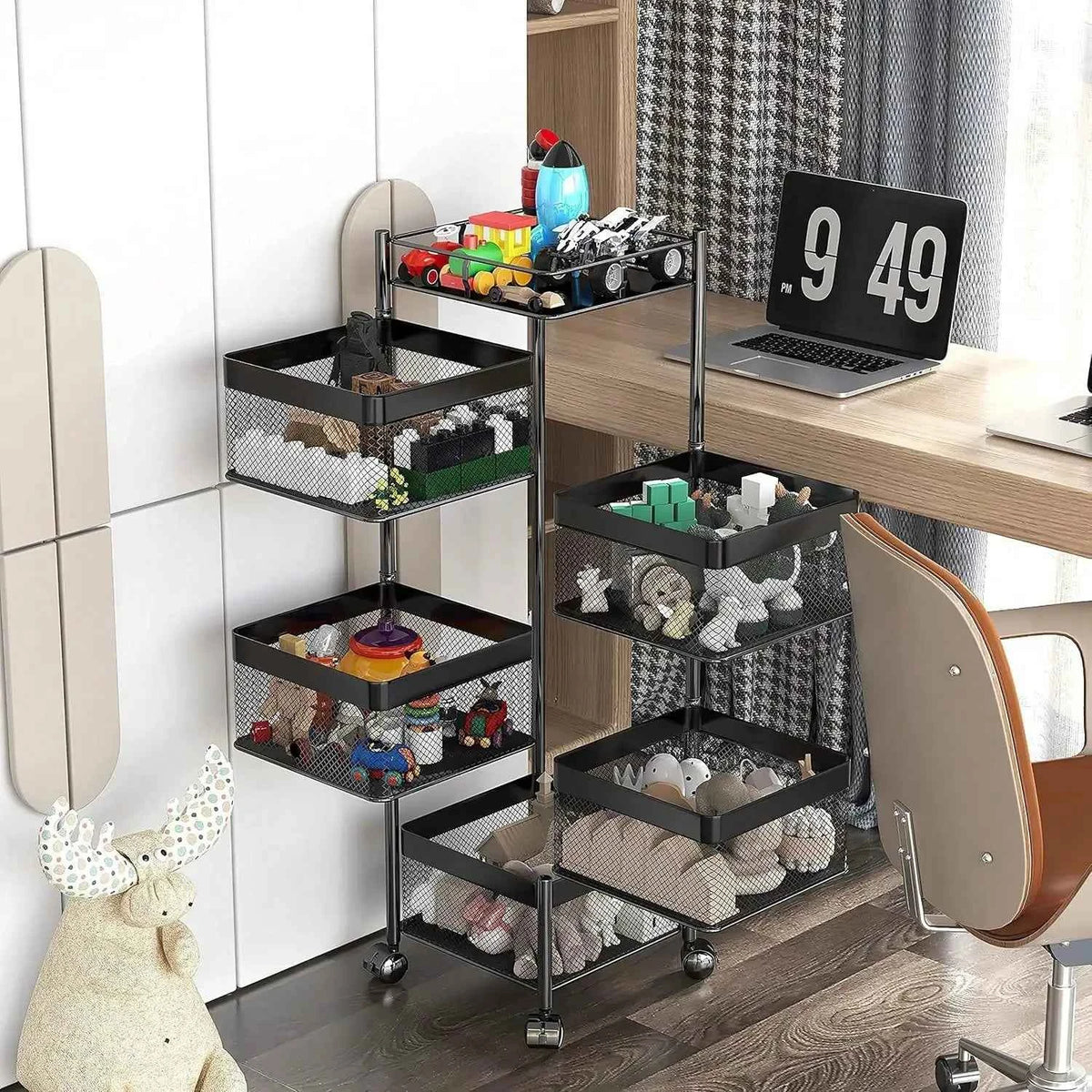 5-Tier Rolling Storage Cart with Wheels, Rotating Utility Shelf Rack, No Assembly Required, Square Black Organizer
