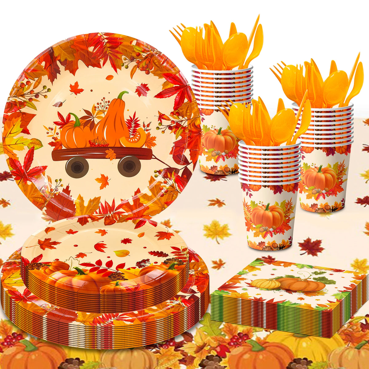 113 Pcs Thanksgiving Party Supplies Tableware - Thanksgiving Plates and Napkins Tablecloth Cups for Thanksgiving Decorations & Friendsgiving Decorations & Fall Party Decorations