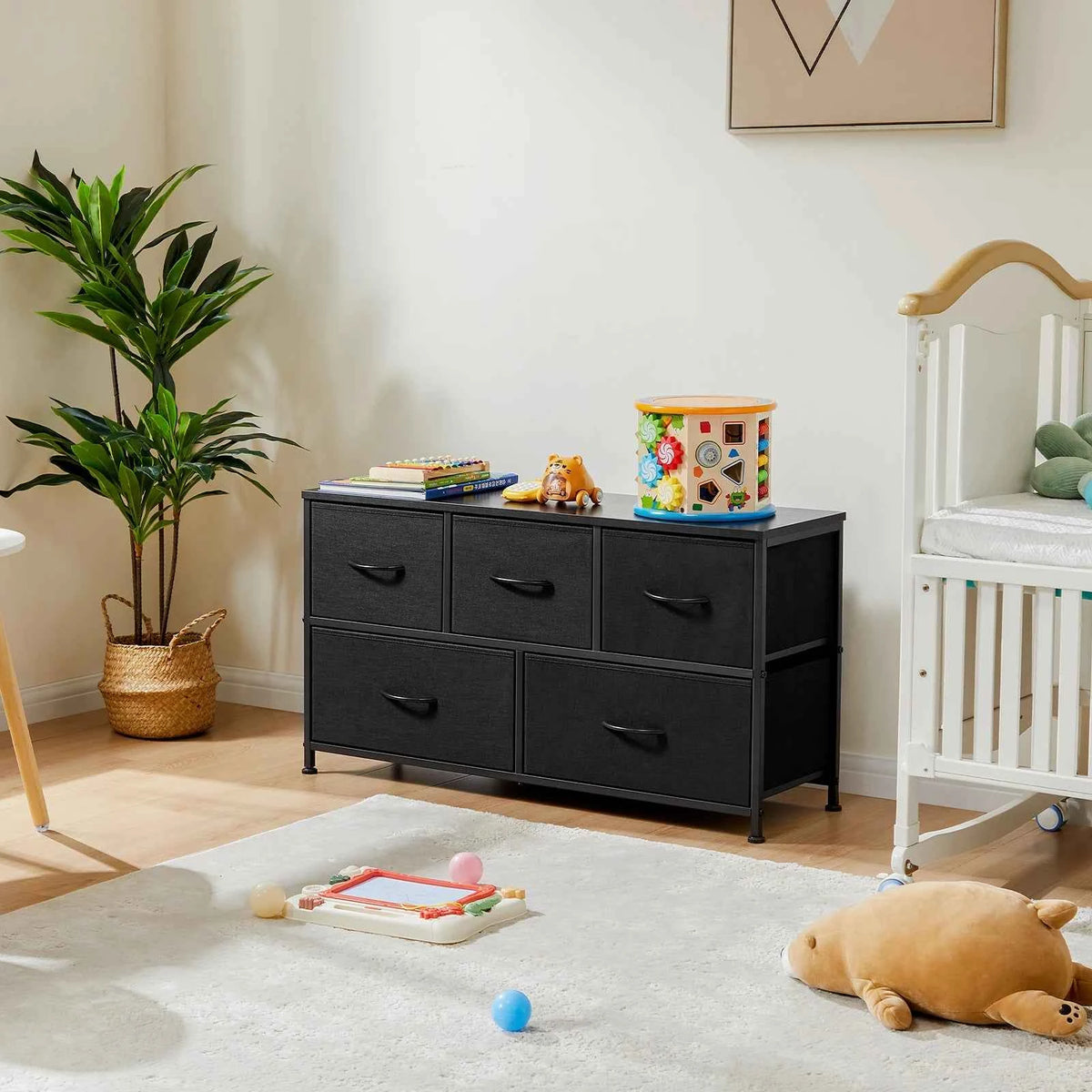 MCQ 5 Drawer Furniture. Wide Fabric Storage Tower with Wooden Top and Metal Frame