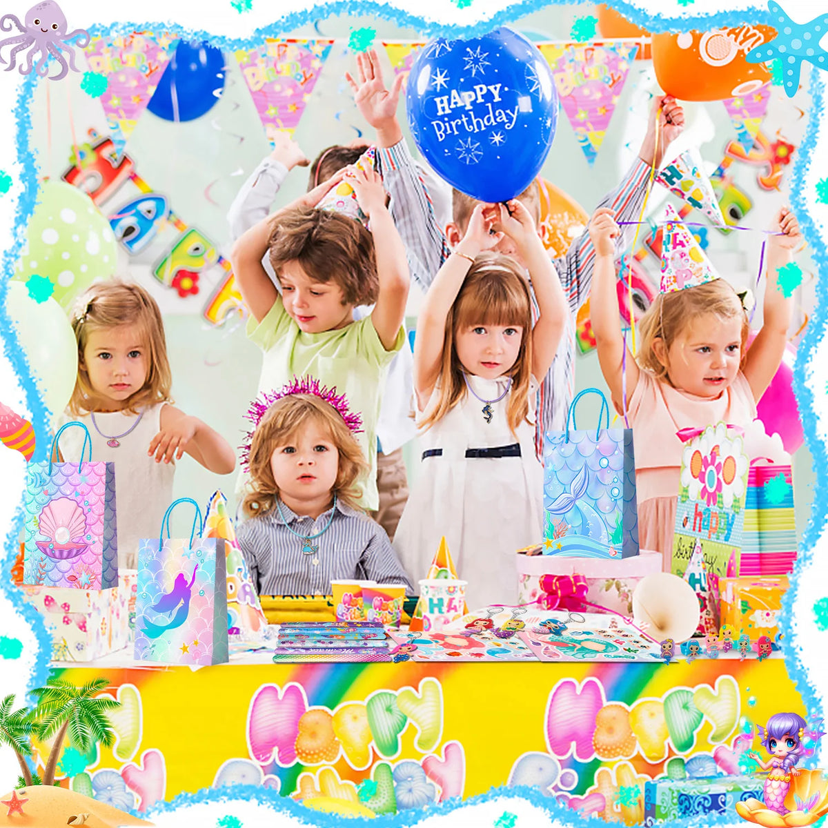 84 Pcs Mermaid Party Favors for Boys and Girls - Mermaid Birthday Rings, Keychain, Slap Bracelets, Bags, Hair Clips, Necklace Etc. Mermaid Birthday Party Favors for Mermaid Birthday Decorations Supplies