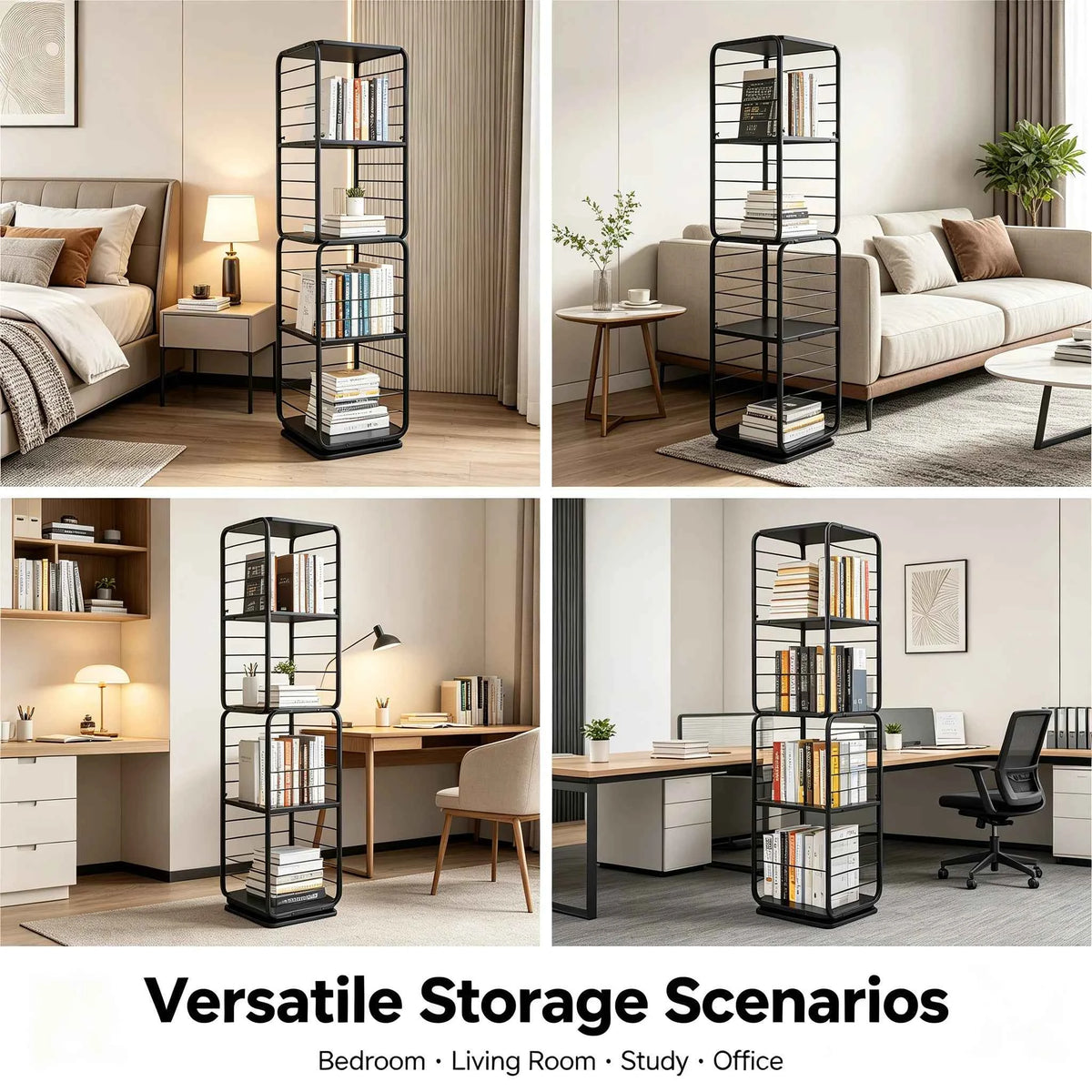 4-Shelf Steel Rotating Bookcase with 132 lbs. Capacity. 360° Swivel Display Rack,  Freestanding Storage Organizer.  Black