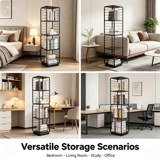 4-Shelf Steel Rotating Bookcase with 132 lbs. Capacity. 360° Swivel Display Rack,  Freestanding Storage Organizer.  Black