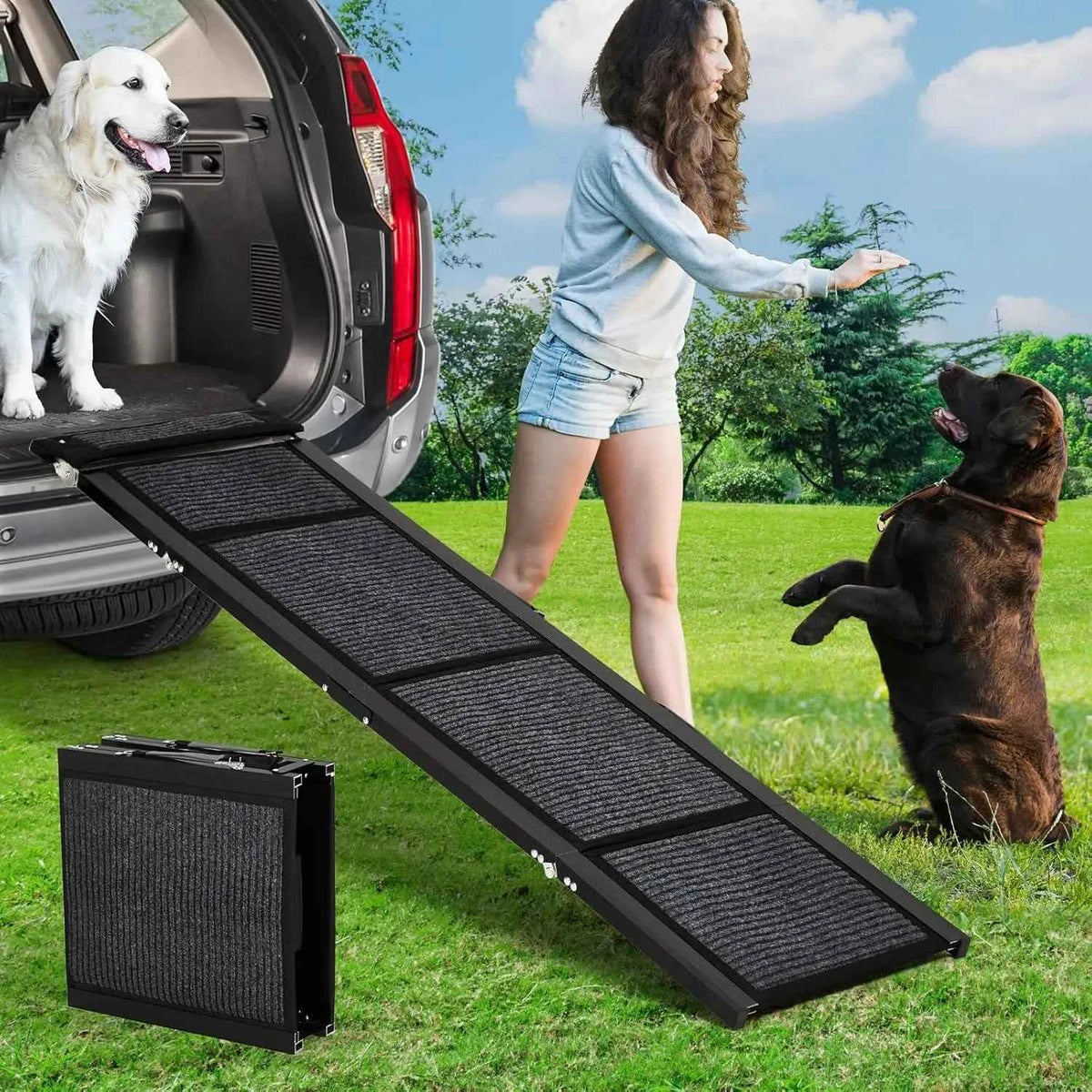 Folding Pet Ramp For Large Dogs With Non-Slip Surface. Portable Outdoor Car Ramp Up to 250 LBS