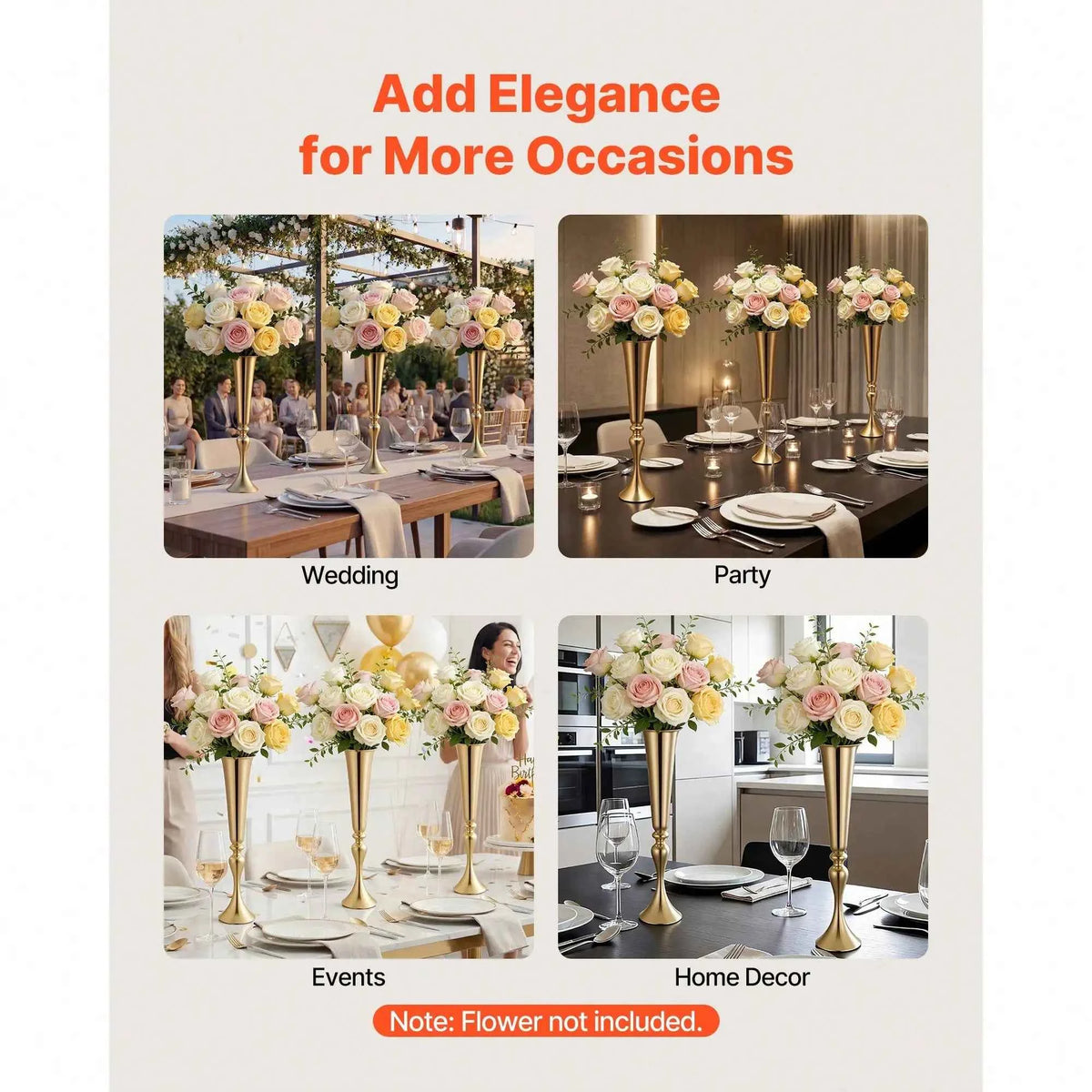 12 PCS Wedding Flower Vase, 21.7 In Tall Trumpet Flower Table Centerpieces, Banquet Vases Easy Installation, Electroplated Versatile Arrangement Stand For Party Events, Home Decor, Reception, Gold