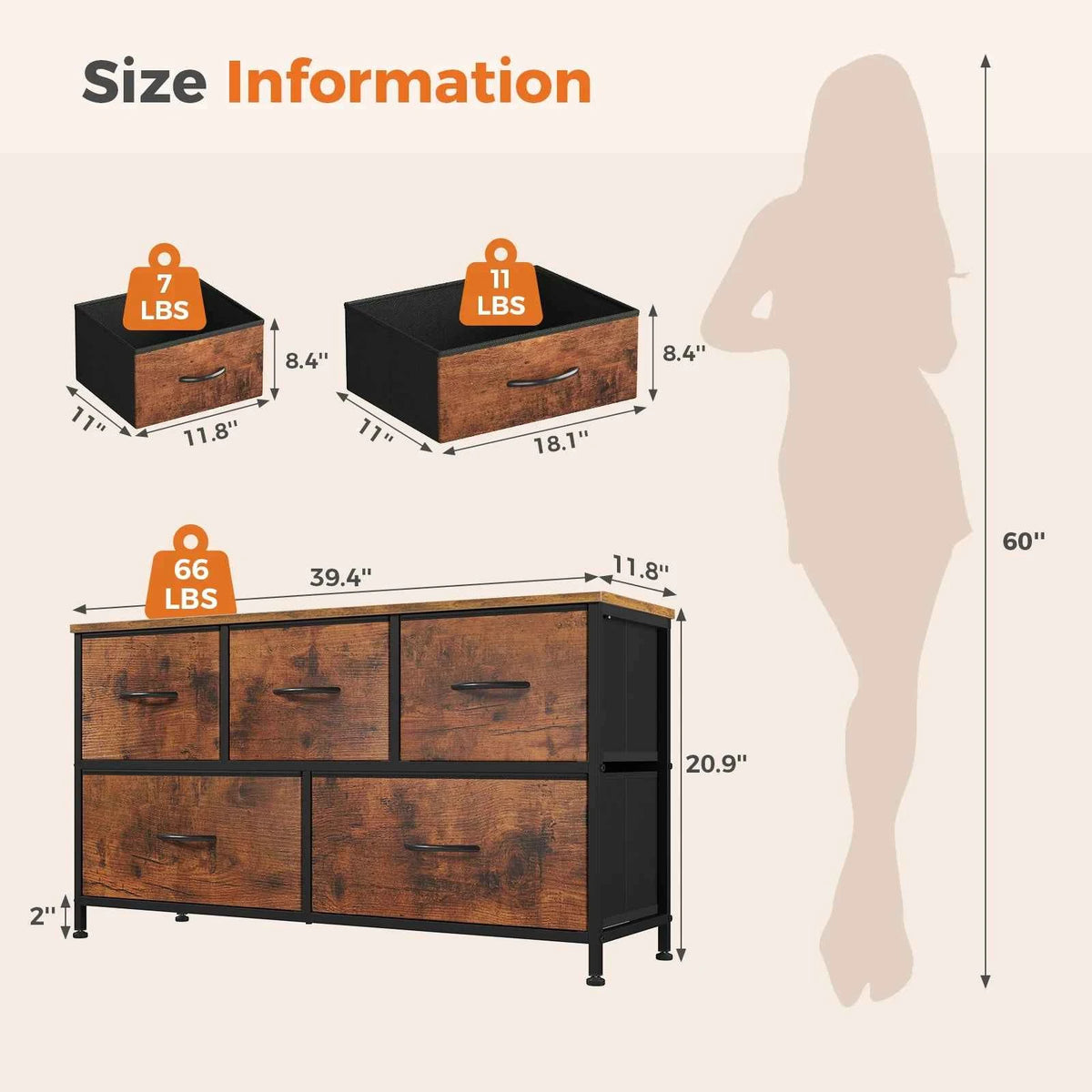 MCQ 5 Drawer Furniture. Wide Fabric Storage Tower with Wooden Top and Metal Frame