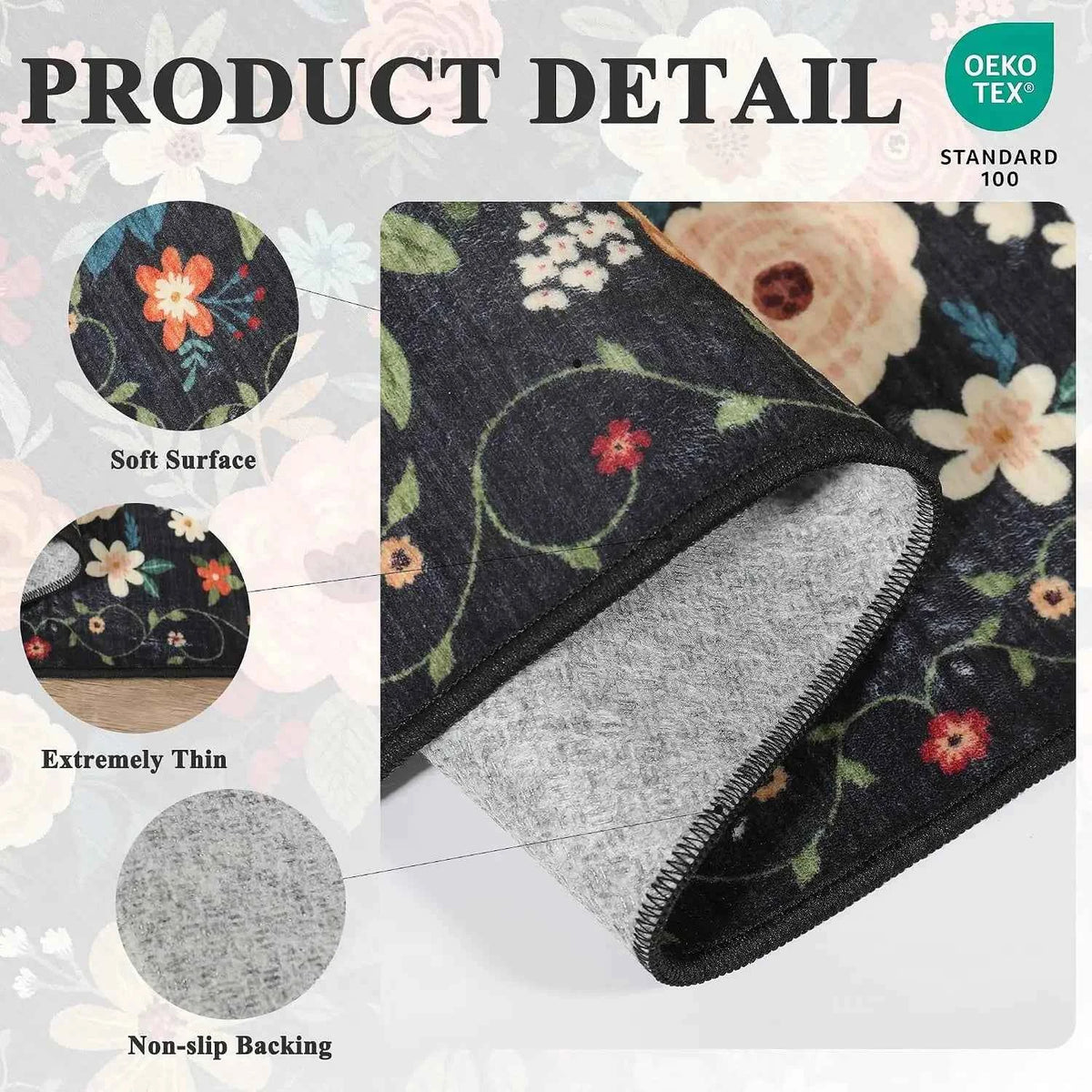 Round Floral Area Rug, Washable, Non Slip, Black, Small, & Round Carpet. For Living Room Bedroom Kitchen Entryway Home Decor