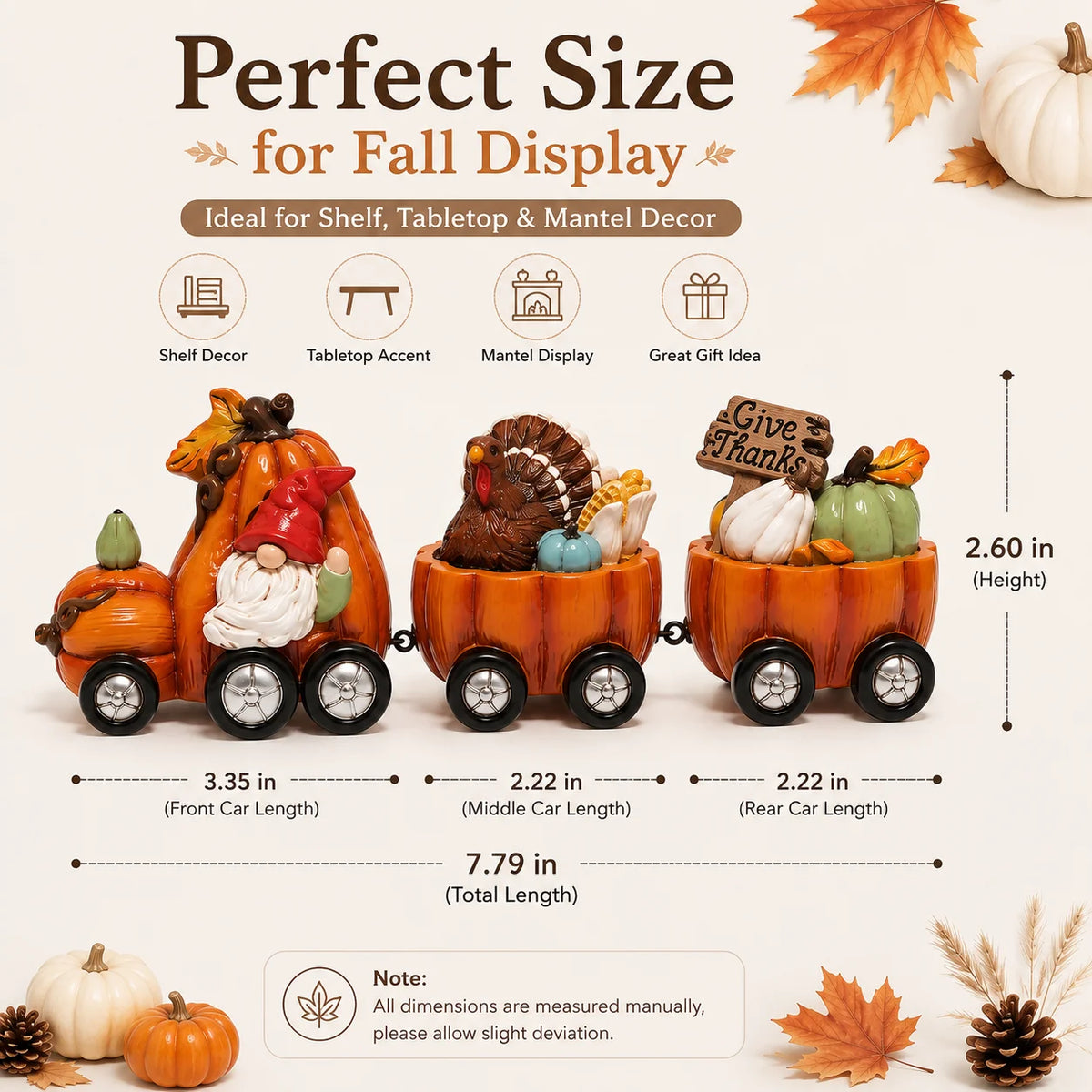 Hodao Resin Thanksgiving Pumpkin Train Figure, 3-Car Fall Harvest Decoration with Gnome, Turkey, Corn, Pumpkins & Give Thanks Sign, 7.8" Long Autumn Farmhouse Tabletop Centerpiece, Seasonal Shelf Mantel Decoration