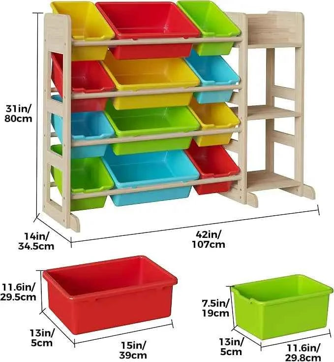 Tacleekii 42" 52" Wide Kids Toy Storage Organizer with 12 Bins & 3 Open Shelves. Solid Wood Storage Unit