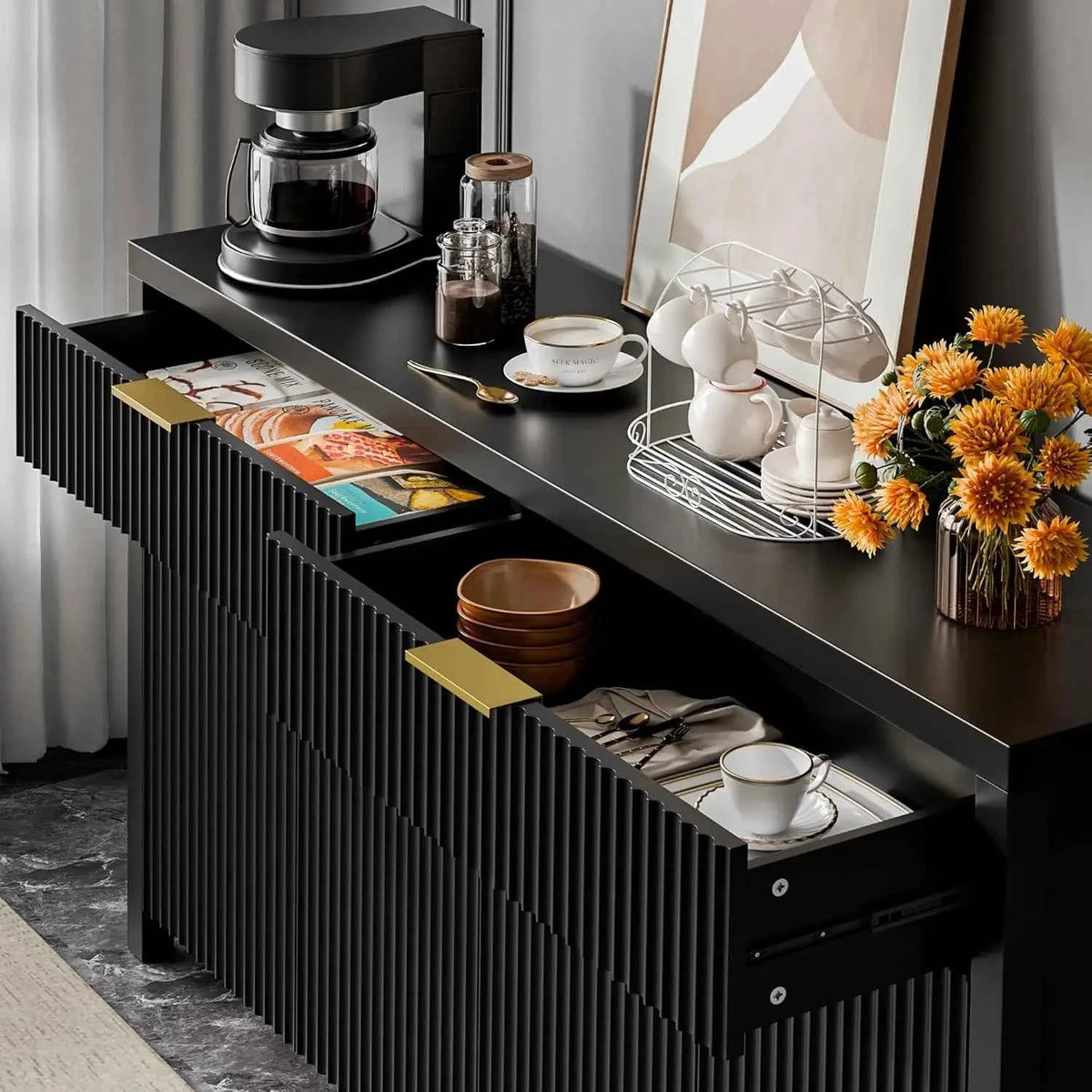 55" Fluted Wood Buffet Sideboard Cabinet, Adjustable Shelves. Custom