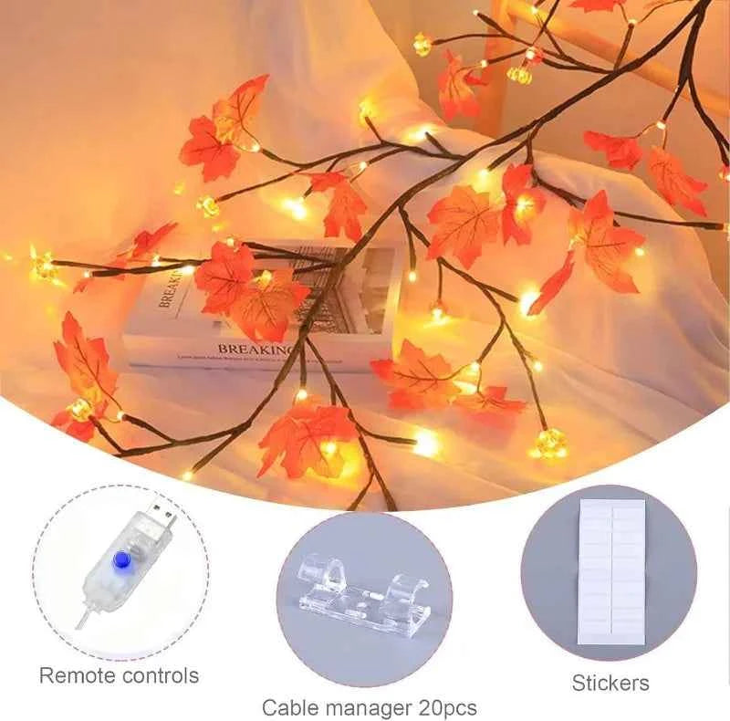 Thanksgiving Autumn Maple Leaf Vine Wall Light, Flexible Branch, LED Fairy String Light Fall Maple Garland Lamps.