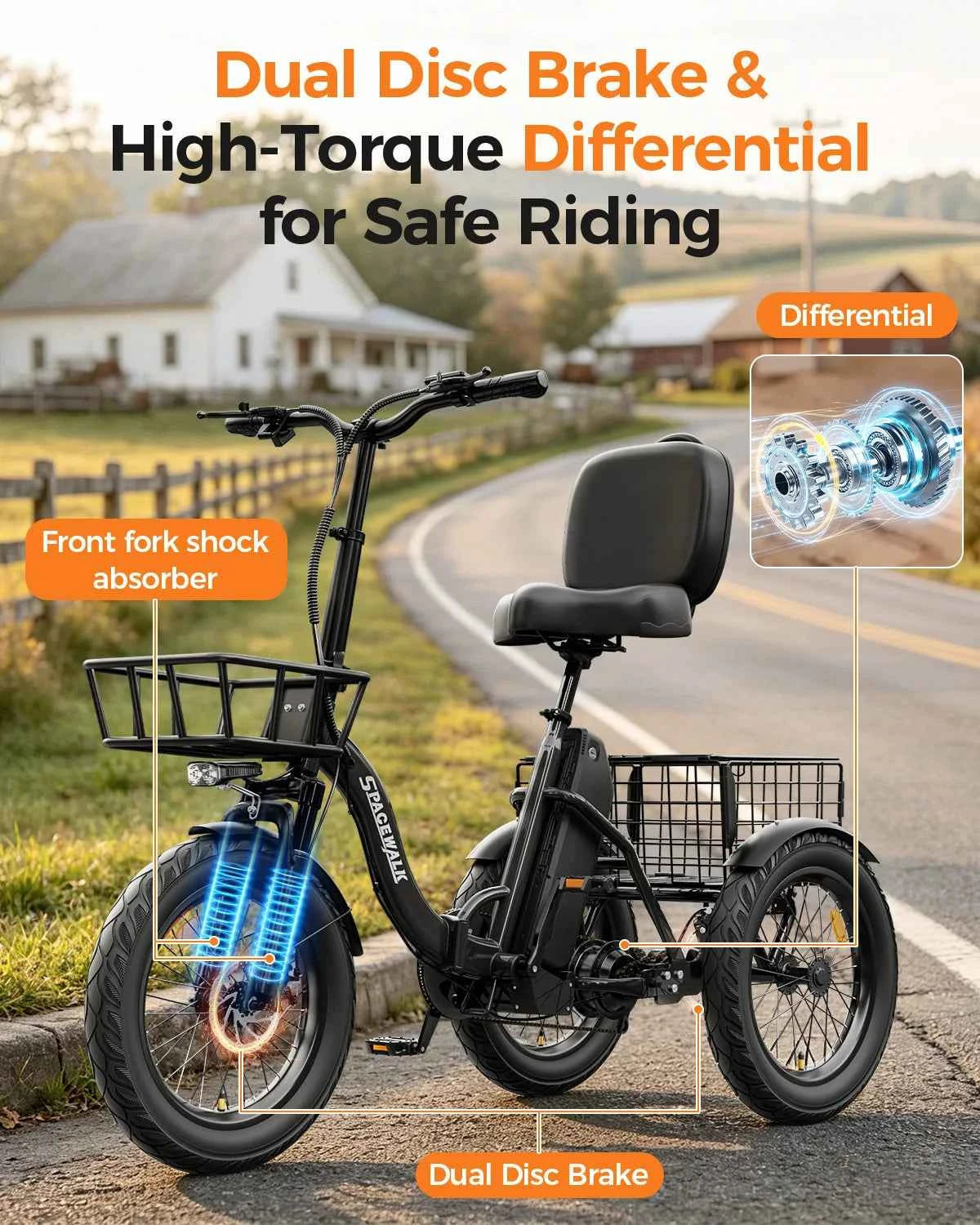 Spacewalk 1200W Peak Electric Trike for Adults, 48V, 15Ah Battery, 3 Wheel Electric Bike with 60 Miles Range, 18×3.0 Fat Tires, Dual Disc Brakes, Rear Cargo Basket, Adjustable Comfort Seat, Folding E Tricycle for Seniors-Bla