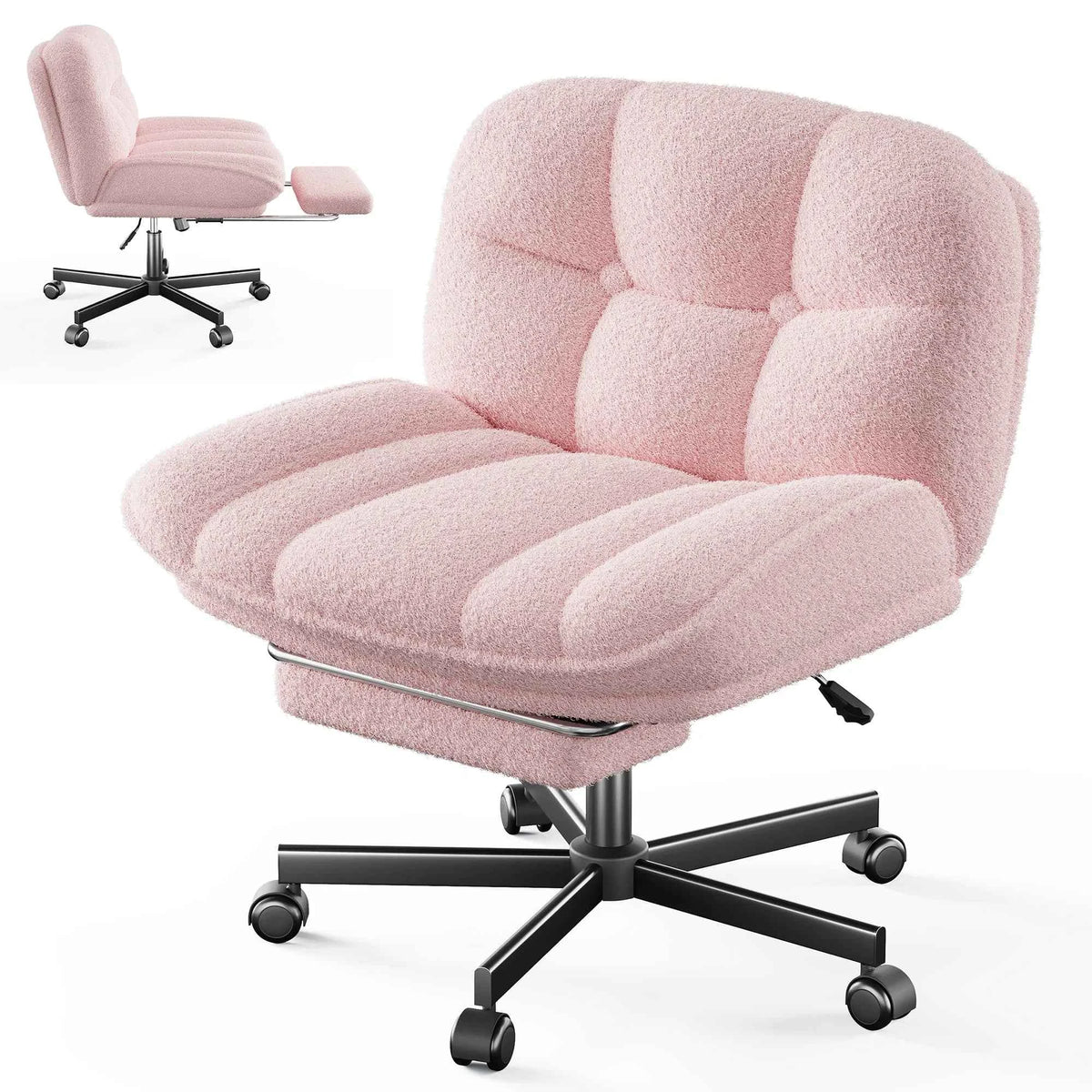 Thick Cushion Leisure Chair, Teddy Plush Cross Chair, Height Adjustable Desk Chair, Rolling Computer Chair with Footrest & Reclining Backrest
