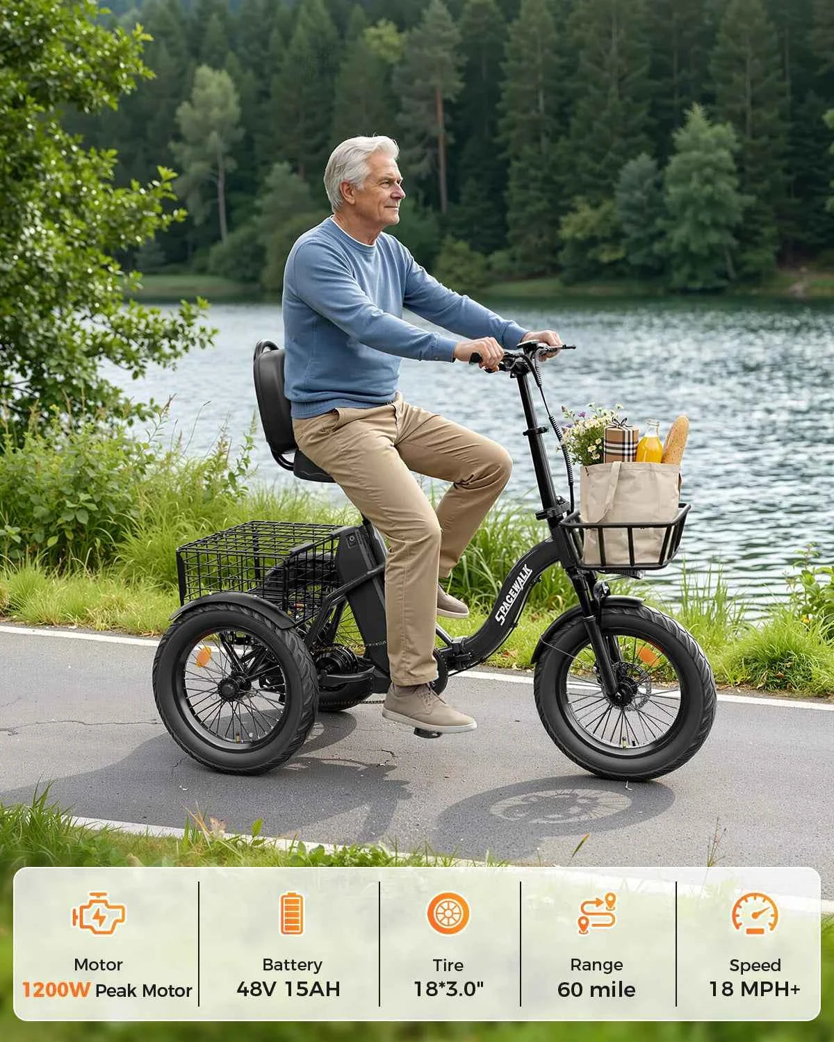 Spacewalk 1200W Peak Electric Trike for Adults, 48V, 15Ah Battery, 3 Wheel Electric Bike with 60 Miles Range, 18×3.0 Fat Tires, Dual Disc Brakes, Rear Cargo Basket, Adjustable Comfort Seat, Folding E Tricycle for Seniors-Bla