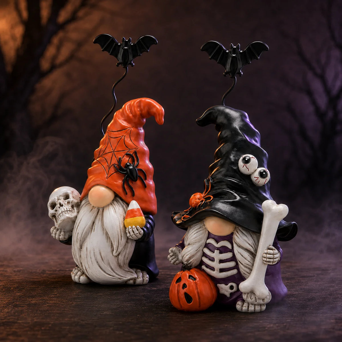 Hodao Resin Halloween Gnome Figurine Set, 2-Piece Pumpkin and Witch Gnome Decor with Spring-Loaded Flying Bat Topper, Skeleton Chest, Skull, Pumpkin and Candy Corn Details, Cute Creepy Hand-Painted Tabletop Ornament