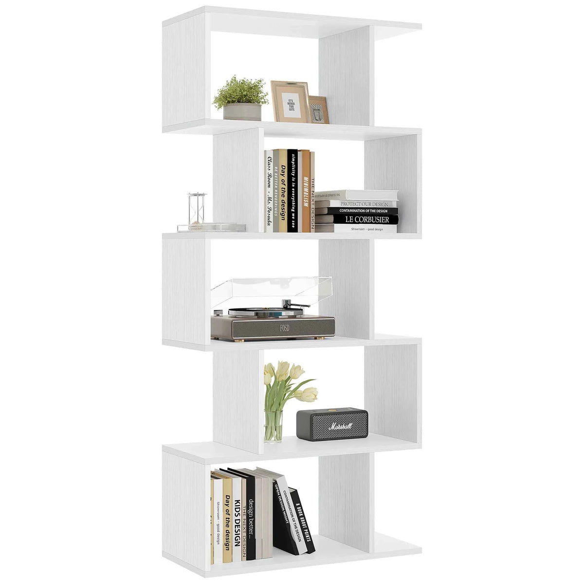 JHK 62 INCH Geometric Bookcase. 5 Tier S-Shaped Wooden Display. Bookshelf, Storage, Standing Shelf. Stable Frame, Graduated Shelves