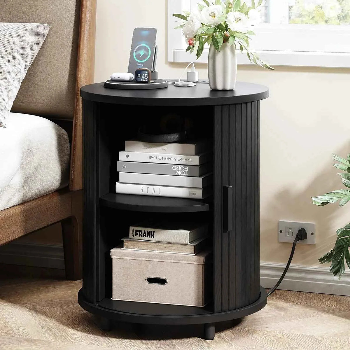 Black Small Round Side Table with Storage, Fluted Nightstand with Charging Station, Modern Bedside Tables, End Tables