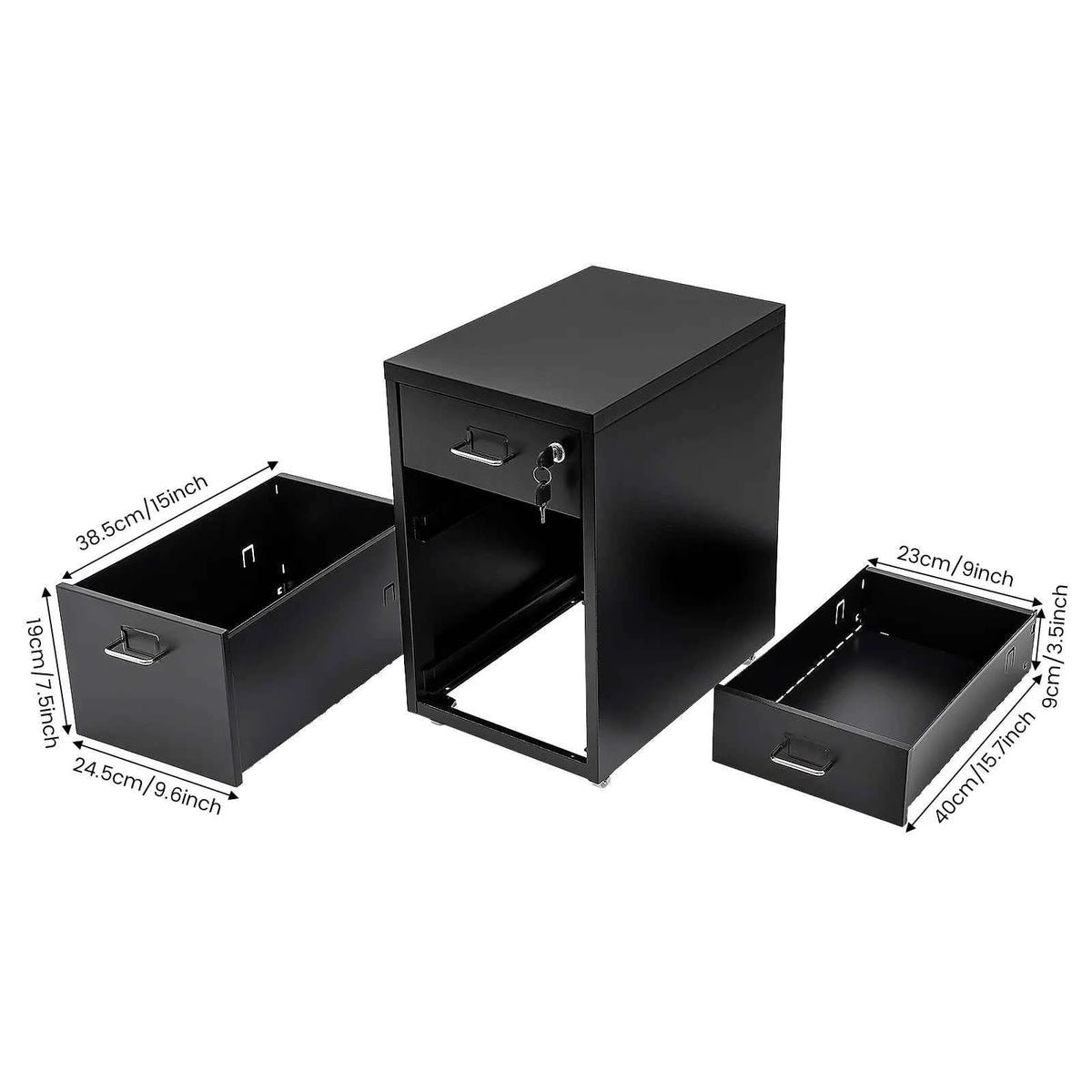 Black Lockable 3-Drawer Mobile File Cabinet Under Desk. Rolling Steel Storage Cabinet with Wheels Silent Slide Drawers