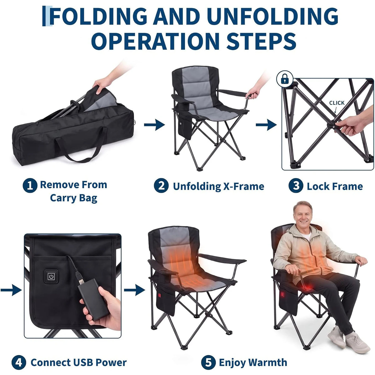 Heated Camping Chair For Adults, Dual-Zone Seat & Back, 3 Heat Levels, Folding Chair With Cup Holder & Storage Pockets, USB Powered
