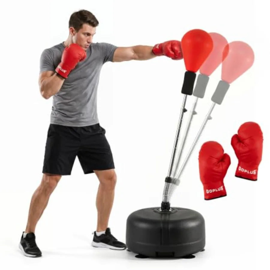Adjustable Reflex Punching Bag with Stand, 4-Height Settings (54.5"-62"), Fillable Base, 6 Suction Cups, PU Boxing Gloves, Portable Home Gym Fitness Equipment