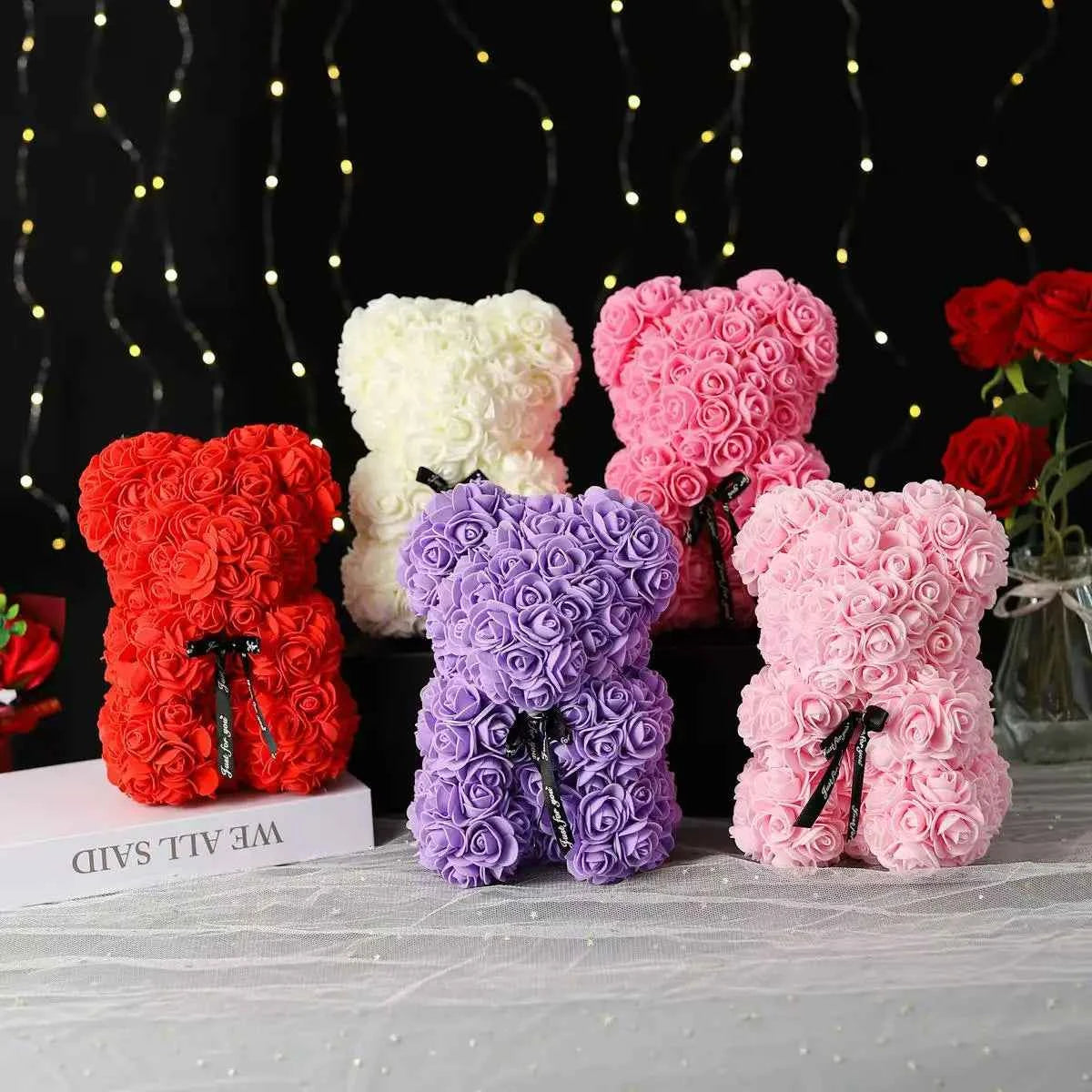 25cm Artificial Teddy Rose Flower Bear with Box. Romantic Valentines Day Gift, Girlfriend,  Anniversary, Wedding Party, Supplies