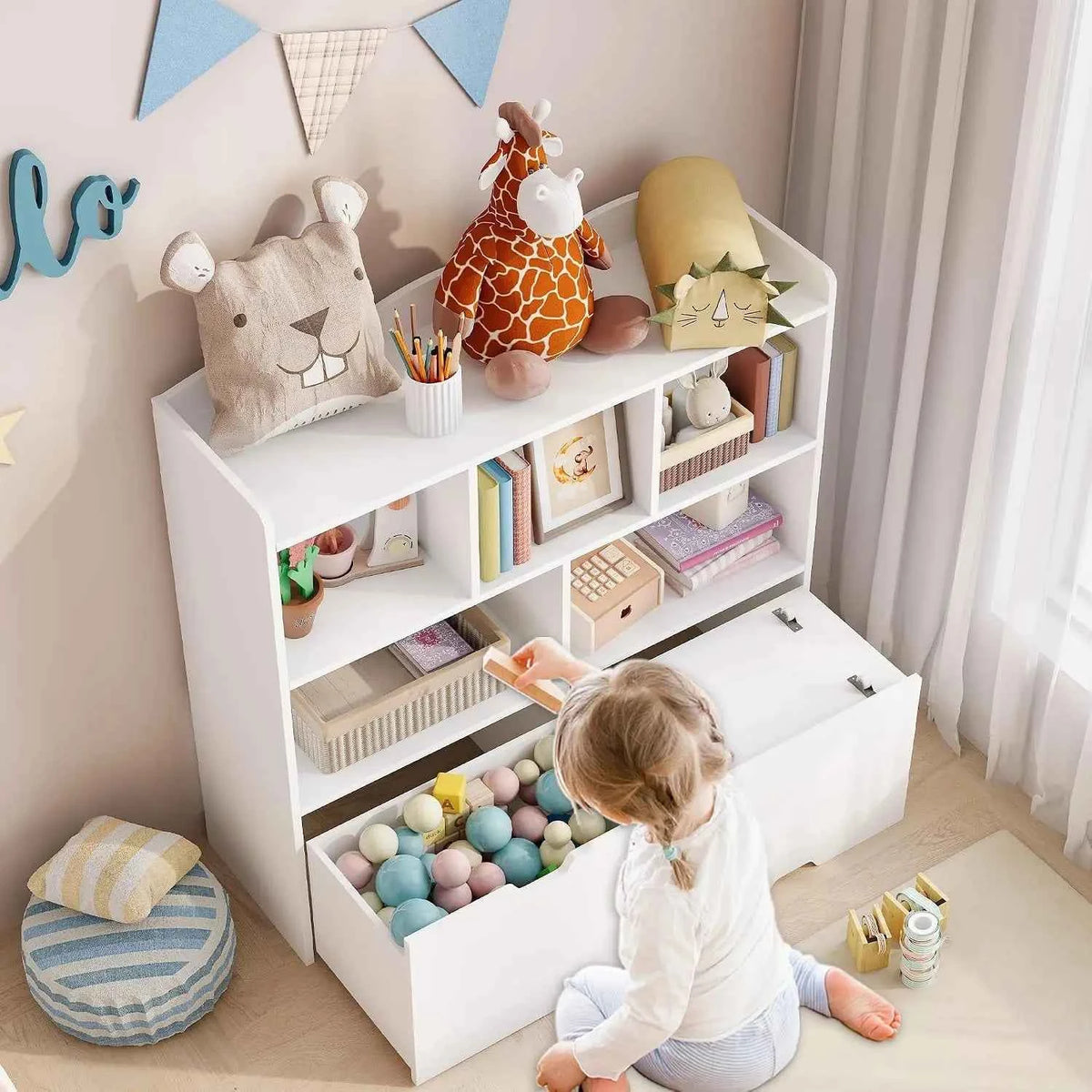 Toy Storage Organizer With 2 Rolling Drawers, Kids Bookshelf With 5 Open Cubbies, Storage Cabinet For Playroom, Bedroom And Nursery
