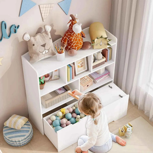 Toy Storage Organizer With 2 Rolling Drawers, Kids Bookshelf With 5 Open Cubbies, Storage Cabinet For Playroom, Bedroom And Nursery