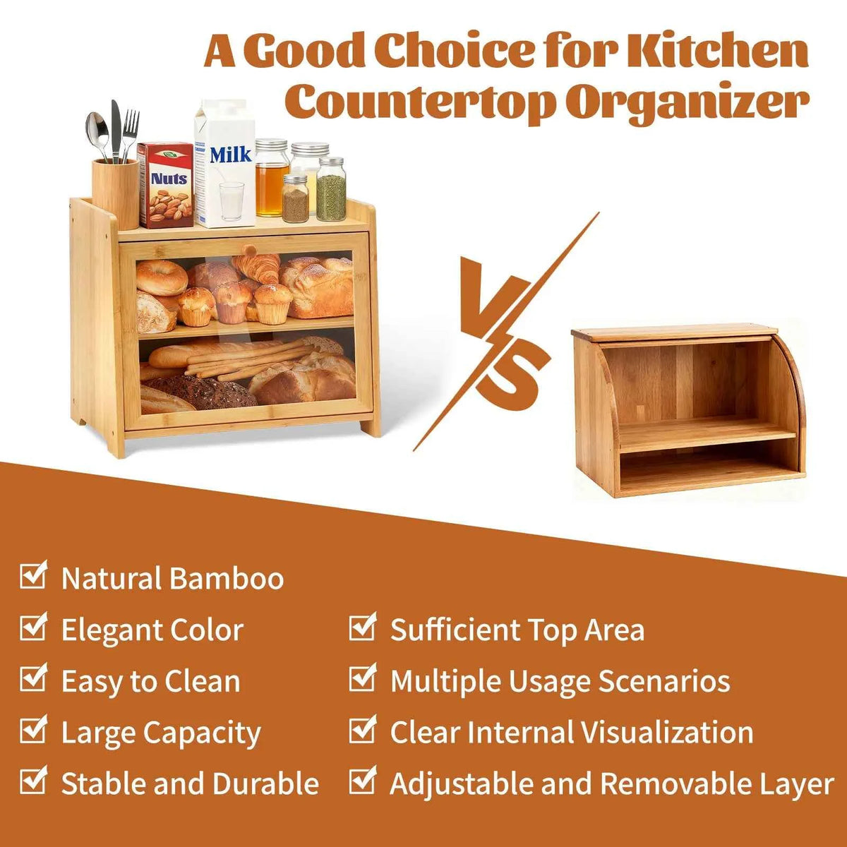 Bamboo Bread Box for Kitchen Countertop(Natural), Double Layer with Window,  Farmhouse Style Large Capacity Storage Container