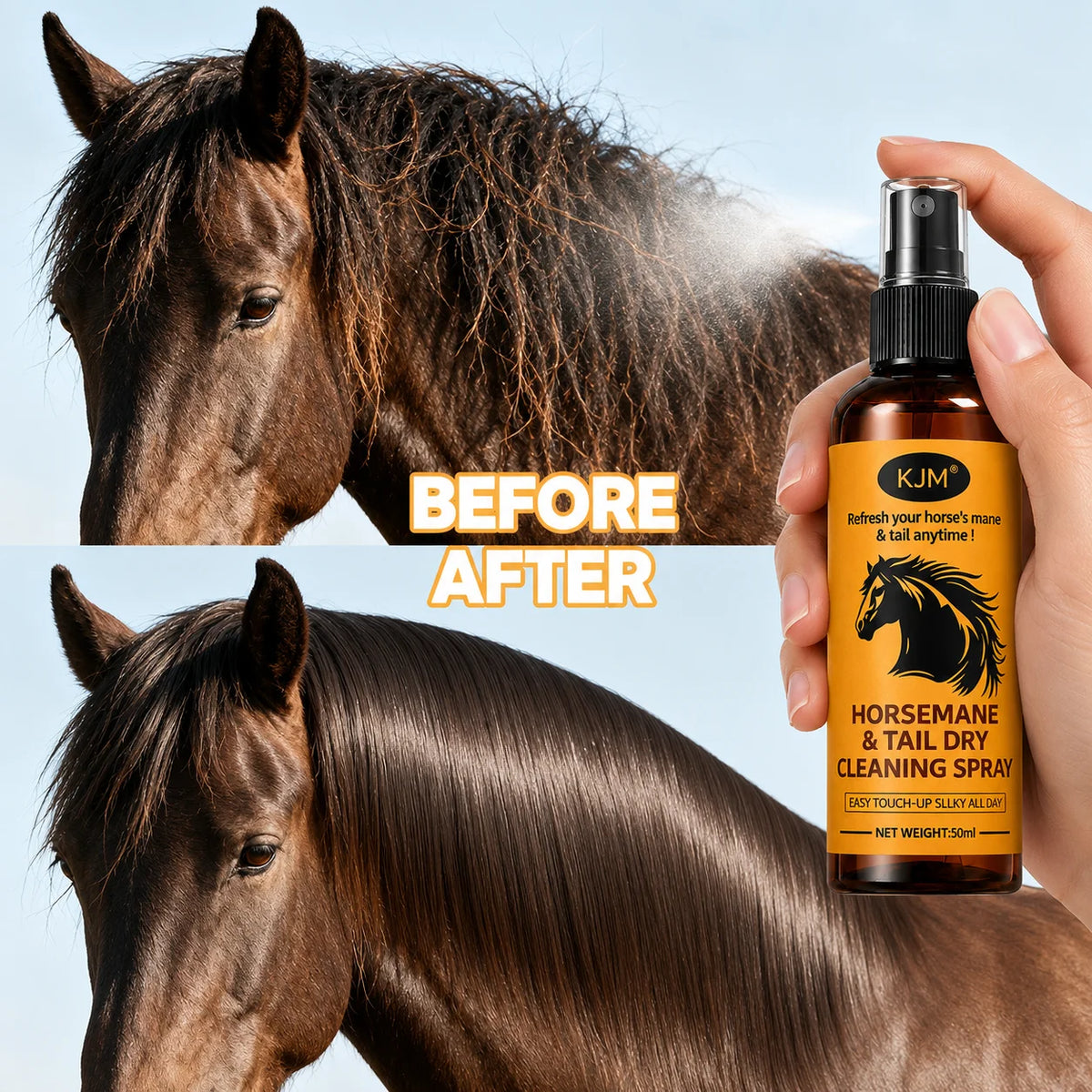 KJM Horse Mane & Tail Detangling Spray. Mild Natural Botanical Extract, Quick, Smooth, Soft Shiny Non Greasy Equine Daily Groom Spray
