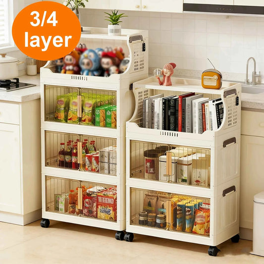3/4-Tier Storage Cabinet with Wheels, Freestanding Kitchen Pantry Organizer with Flip Top & Transparent Doors, Plastic Rolling Storage.