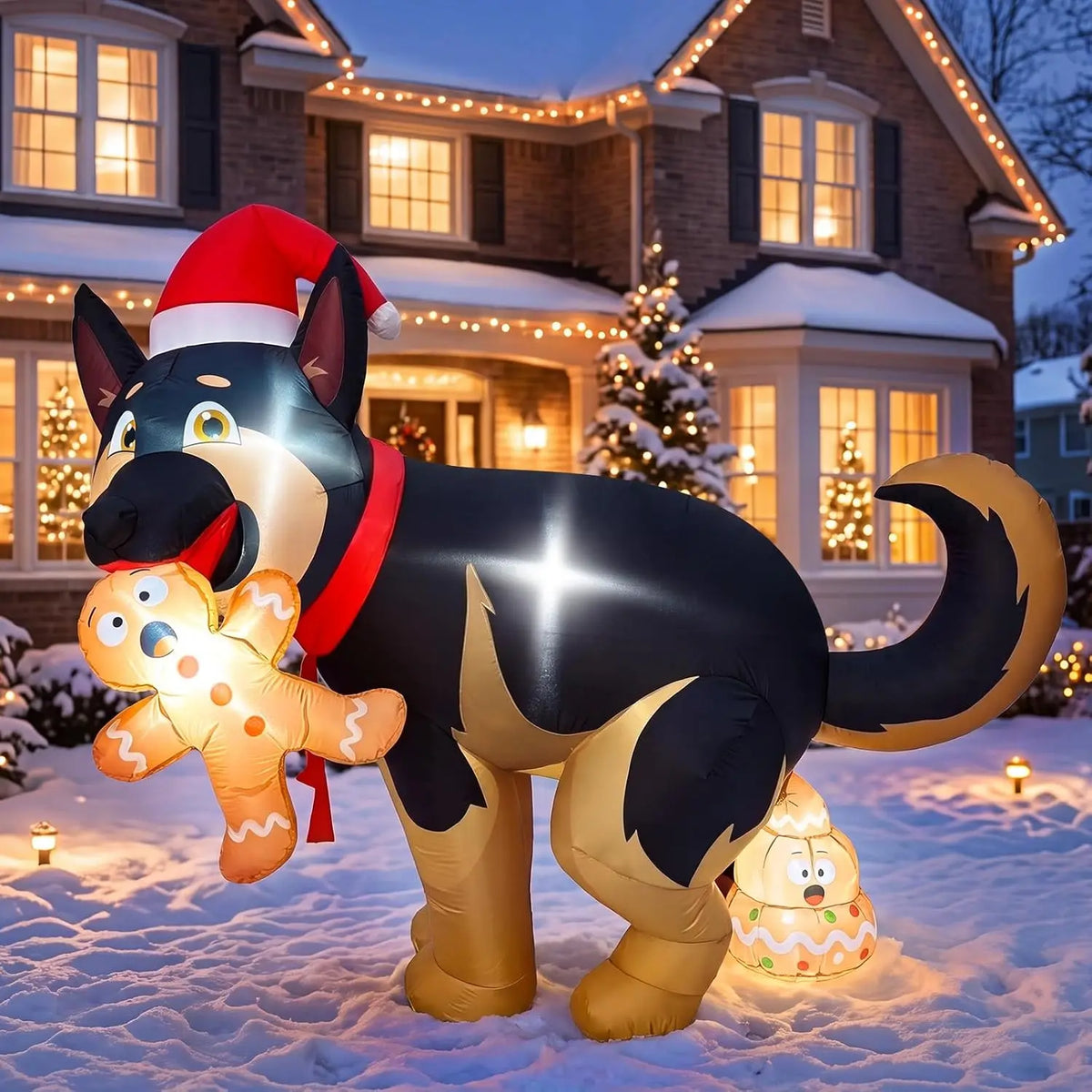 5FT Funny Christmas Inflatable Outdoor Decor, Pooping Dog Blow Up Holding Gingerbread Man with LED Lights, Holiday.