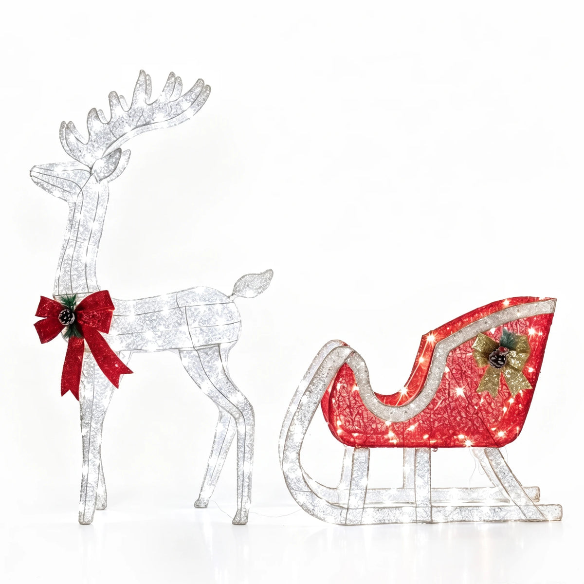 4Ft Lighted Christmas Reindeer And Sleigh Outdoor Yard Decoration Set. Pre Lit White LED Holiday Display. Outdoor Lawn or Porch  Ornament.