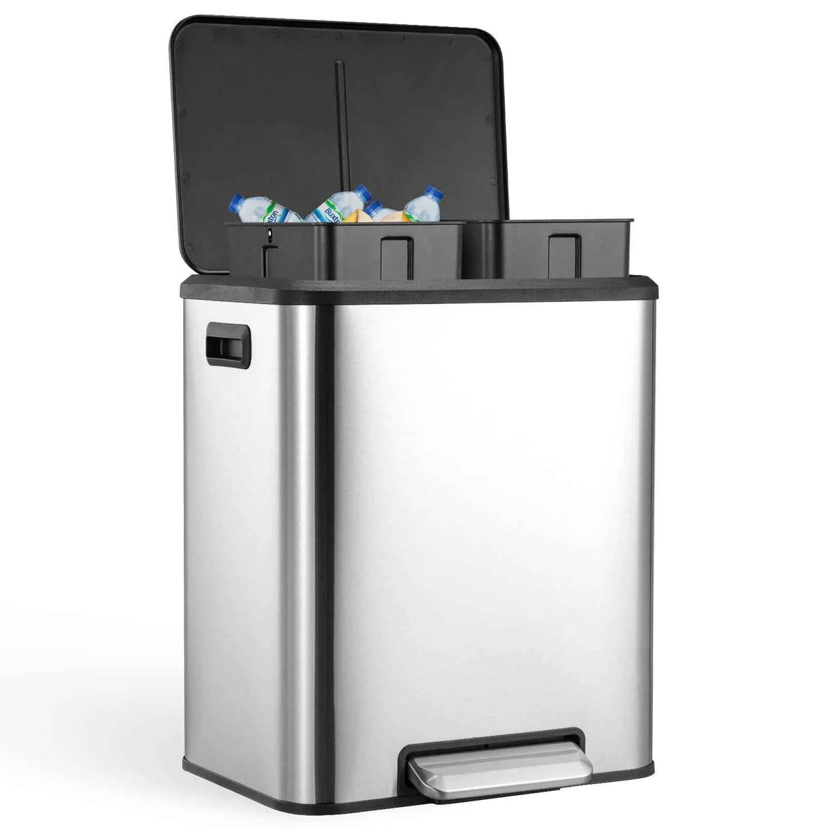 Dual Compartment Stainless Steel Trash Can – 8 Gallon/30L Step-On Garbage Bin – Soft Close Lid, 2 Removable Inner Buckets, Smudge-Resistant, Space-Saving Modern Design