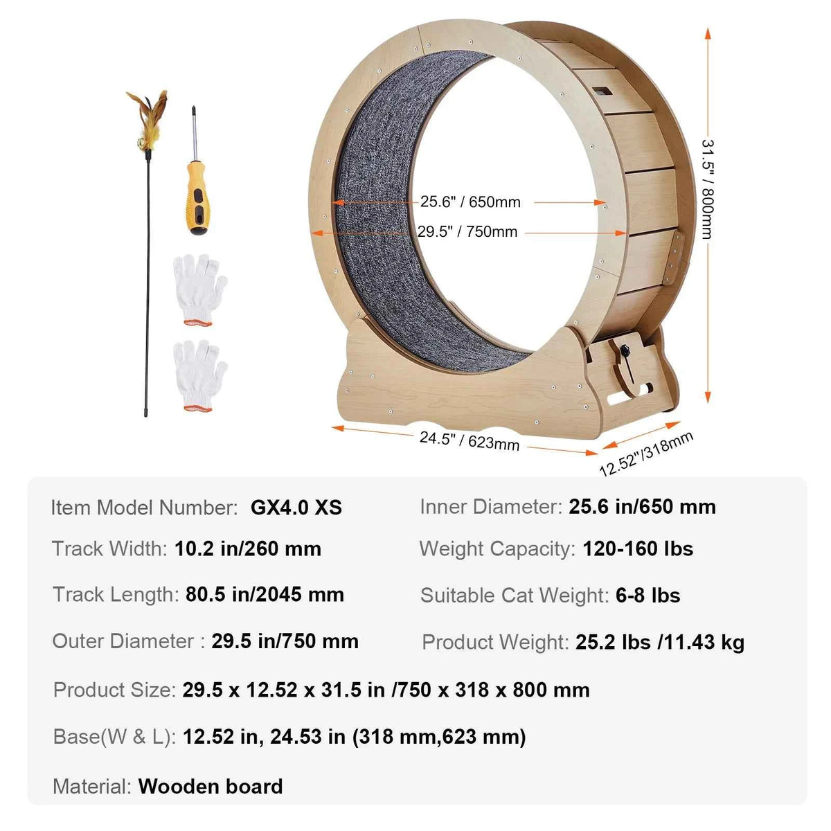 Wooden Exercise Wheel for Indoor Cat .Running Wheel with Detachable Carpet& Cat Teaser