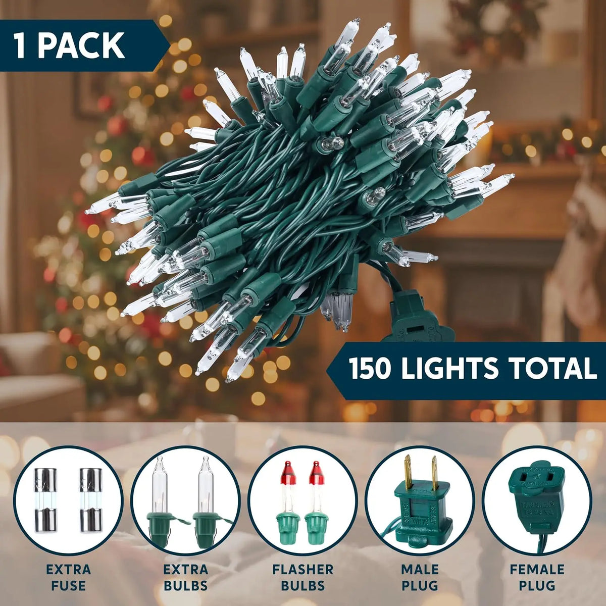 150 Count Mini White Fairy Light Clear Christmas String Lights, Indoor 31.2FT Lighting.  Festival Green Wire