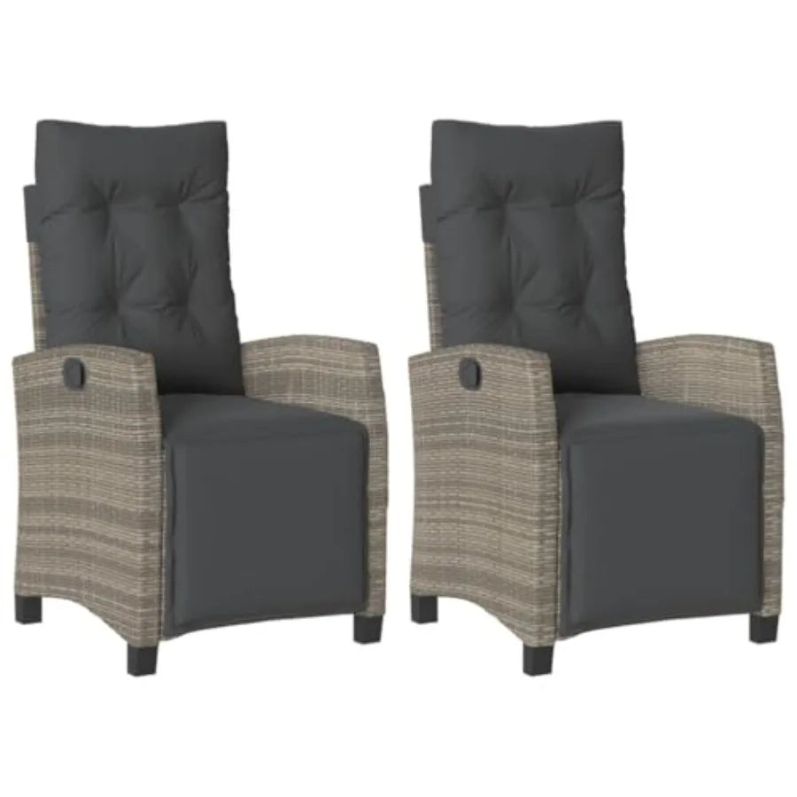 Reclining Patio Chairs 2 Pcs - Gray PE Rattan.  Adjustable Backrest and Footrest Cushions. Powder-Coated Steel Frame 22.4"x26"x36.