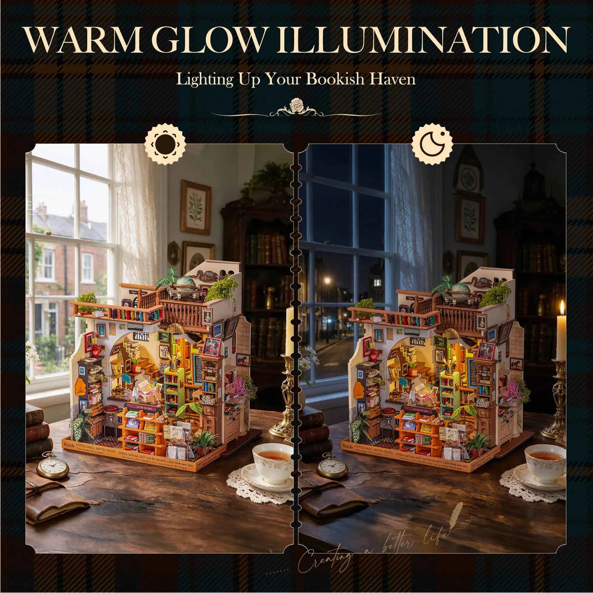 Rolife Wooden Dollhouse 3D Puzzle,  Page story Bookstore, DIY Miniature House Craft Kit Kit with LED Light for Bookshelf Decor. Brain Teasers, Jigsaw Toys, Holiday Gift for Book Lovers