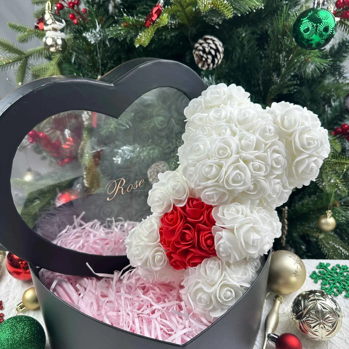 25cm Artificial Teddy Rose Flower Bear with Box. Romantic Valentines Day Gift, Girlfriend,  Anniversary, Wedding Party, Supplies