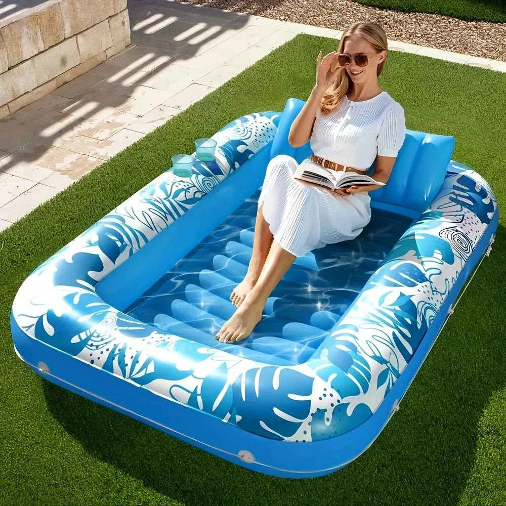 JOYFY 4 in 1 Suntan Tub Raft. Floatie Inflatable Tanning Pool  70" x 46" Pool Floats Adult with Pillow for Water