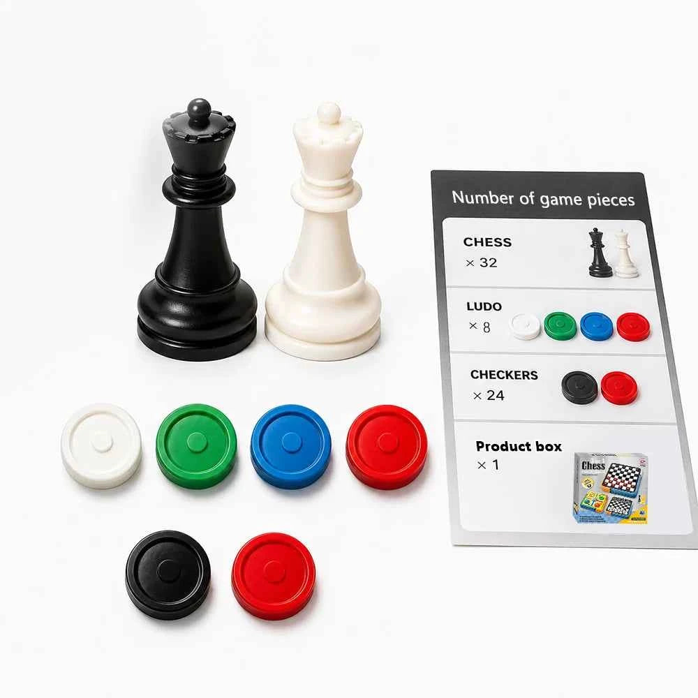 Portable 3‑in‑1 Chess, Checkers, & Ludo Board Game Set. Folding Storage Travel Family Puzzle Game, 2‑4 Players. Educational.