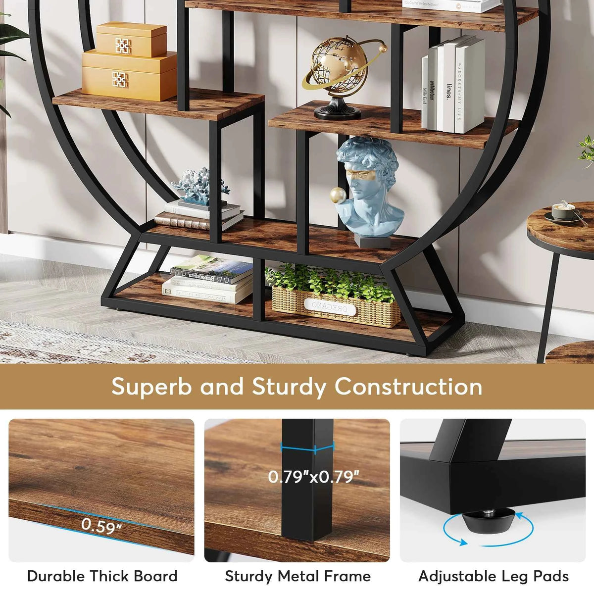 Etagere Bookcase, 63-Inch Industrial Wood Book Shelf with Staggered Shelves