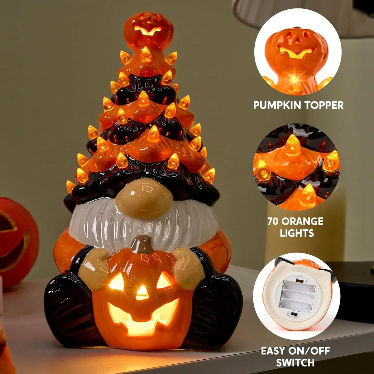 8.5 inch Tall Halloween Pumpkin Gnome Decoration, Ceramic Tree with Build-in LEDs. Tabletop Decor for Halloween, Indoor Party, Battery Operated,