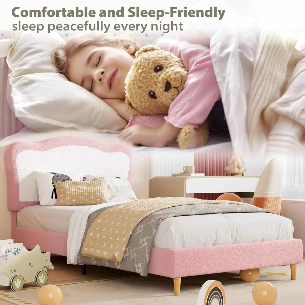 Kids Upholstered Twin Bed Frame with Scallop Headboard, Cute Velvet Twin Bed with Sturdy Platform. No Box Spring Needed, Wooden Slats, Noise Free, Pink & White