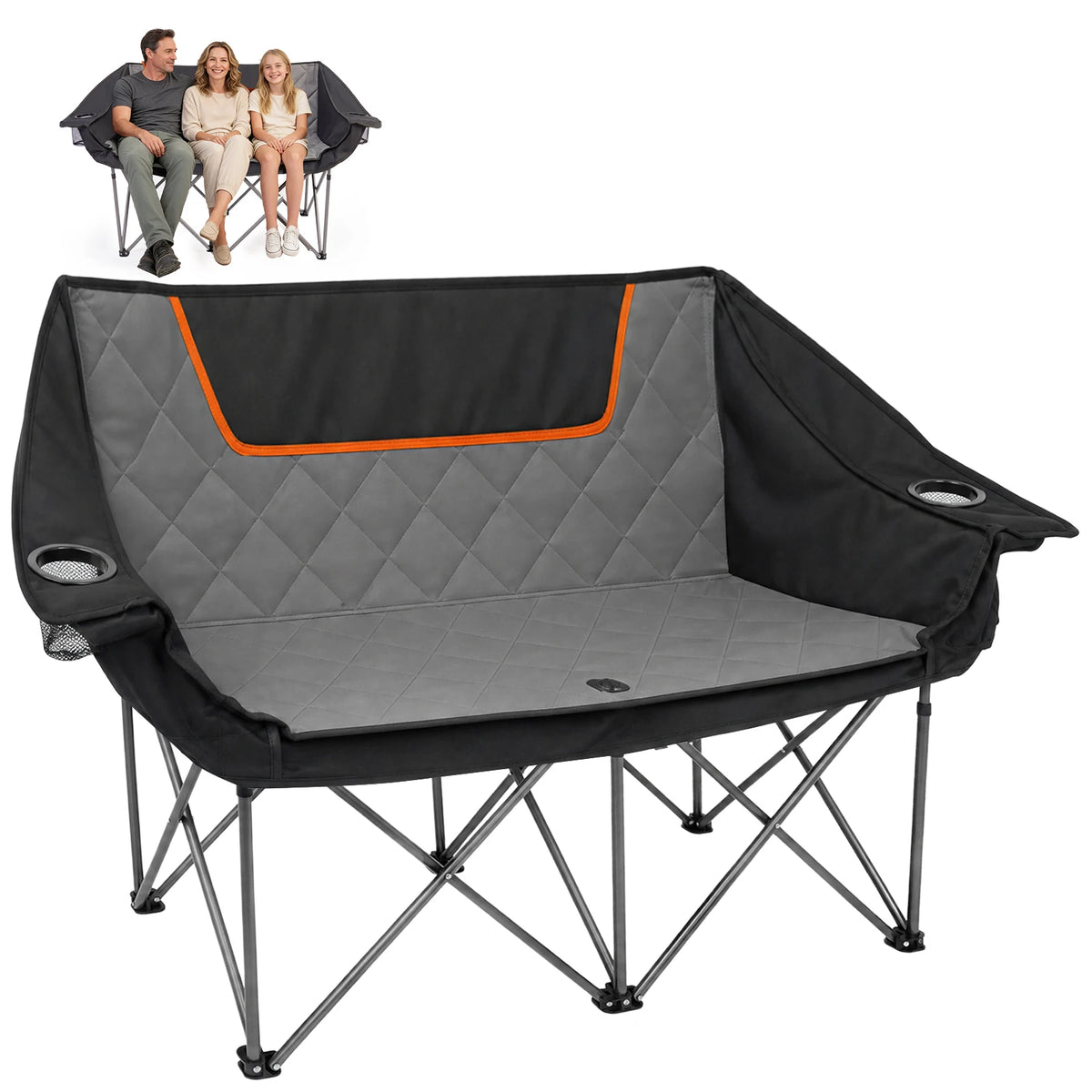 Double Folding Camping Chair, Heavy Duty Oversized 2-Person. 600D Oxford Portable Outdoor Seat with 660LBS Weight Capacity, Cup Holders, Storage Pocket, Ideal for Beach, Fishing, Picnic, Travel