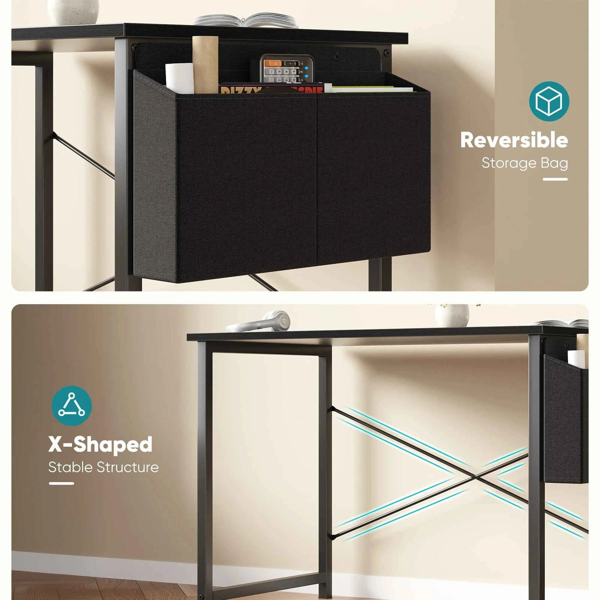 JHK 31IN to 55 Office Desk with Storage Bag. Metal Frame, Wood Tabletop, Easy Assembly