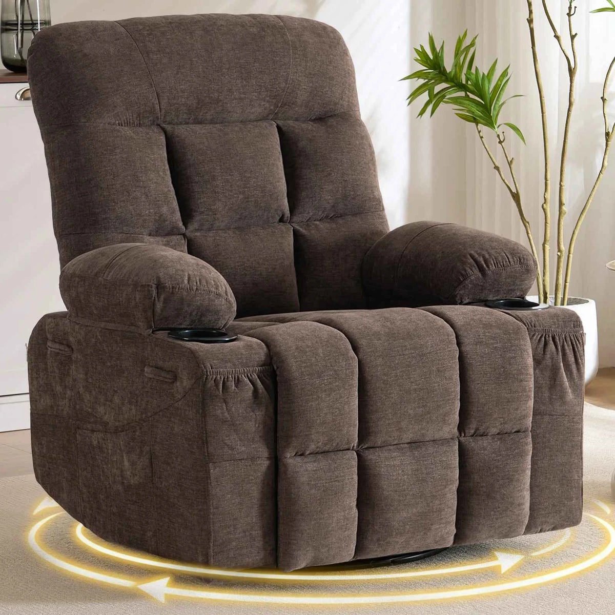 360° Swivel Rocker Recliner Chair with Cup Holders & Side Pockets,