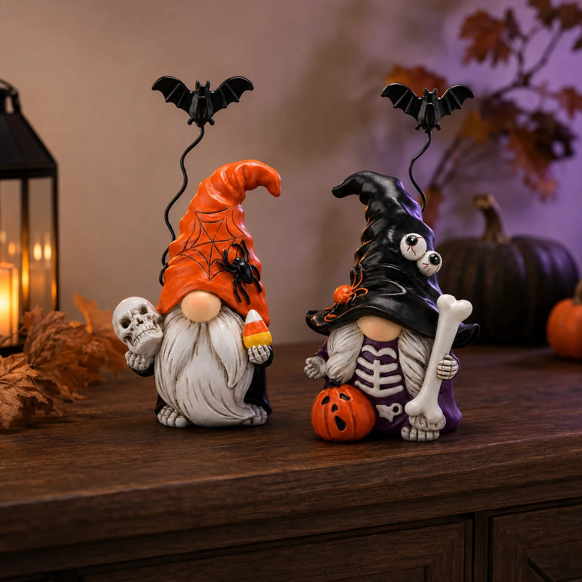 Hodao Resin Halloween Gnome Figurine Set, 2-Piece Pumpkin and Witch Gnome Decor with Spring-Loaded Flying Bat Topper, Skeleton Chest, Skull, Pumpkin and Candy Corn Details, Cute Creepy Hand-Painted Tabletop Ornament