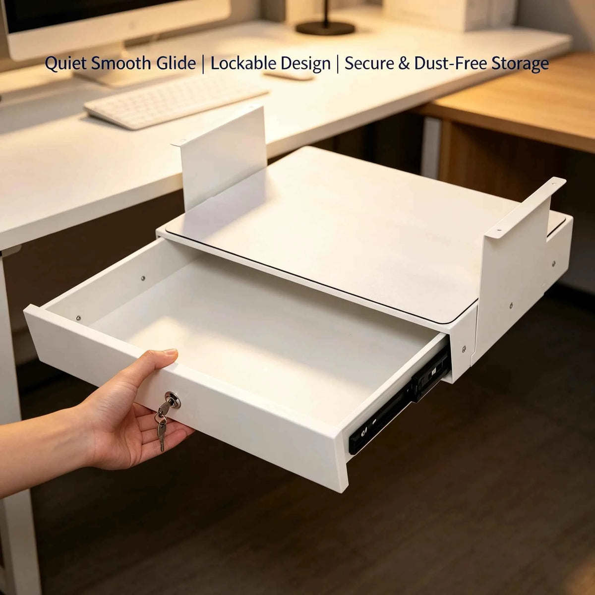 Under Desk Sliding Pull-Out Drawer with Lock & Computer Pad, Under-Mount Storage Organizer for Desks, 18x14x6.9in, White