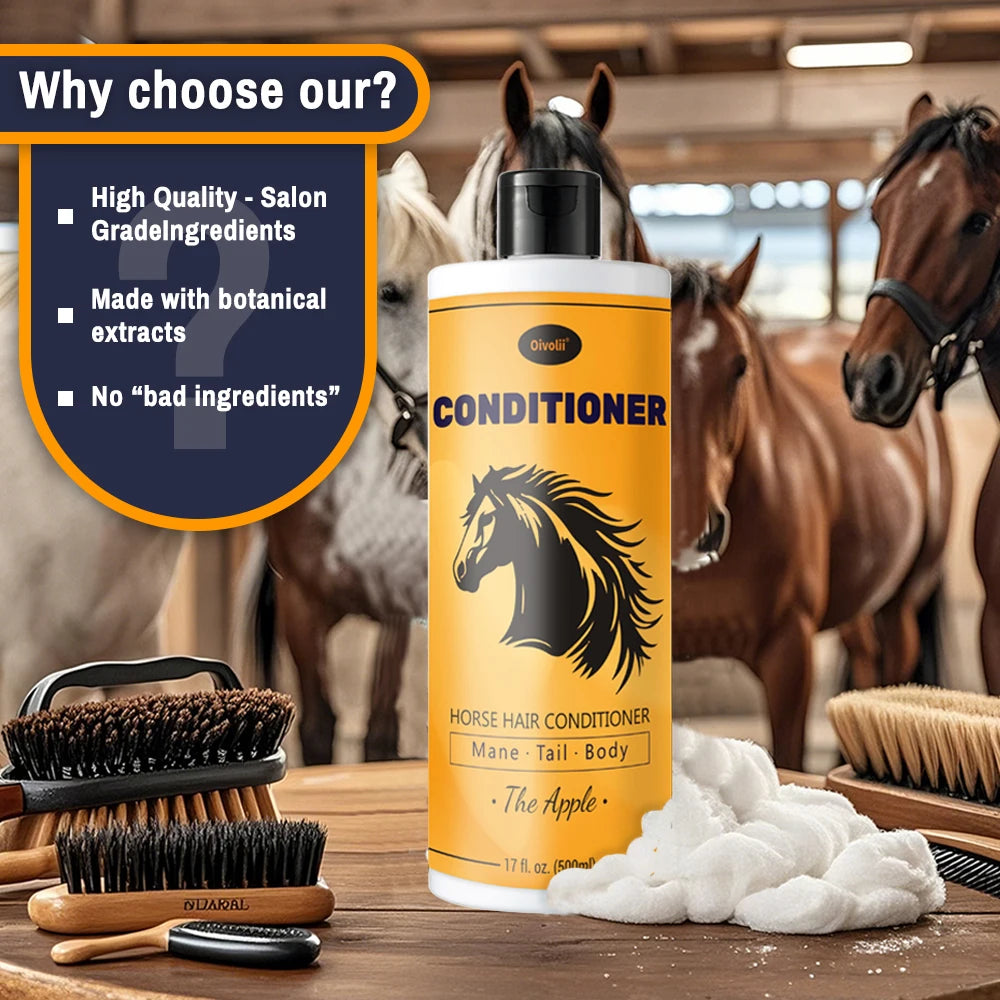 Horse Shampoo & Conditioner, 500ml, Apple Scented, Gentle Moisturizing for Mane & Tail Care. Deep Nourishing for Coat. Full Body Cleaning for Shiny Hair